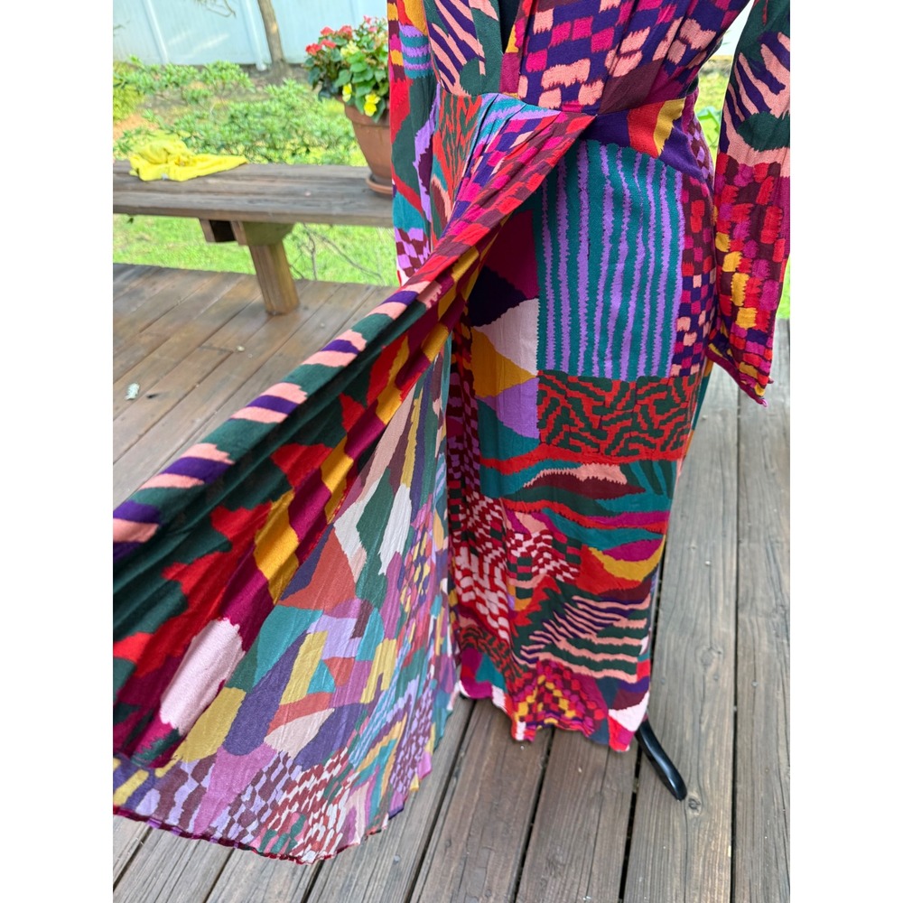 Farm Rio Mixed Abstract Print Maxi Dress V-Neck Long Sleeve Multi-Color Large - Picture 4 of 16